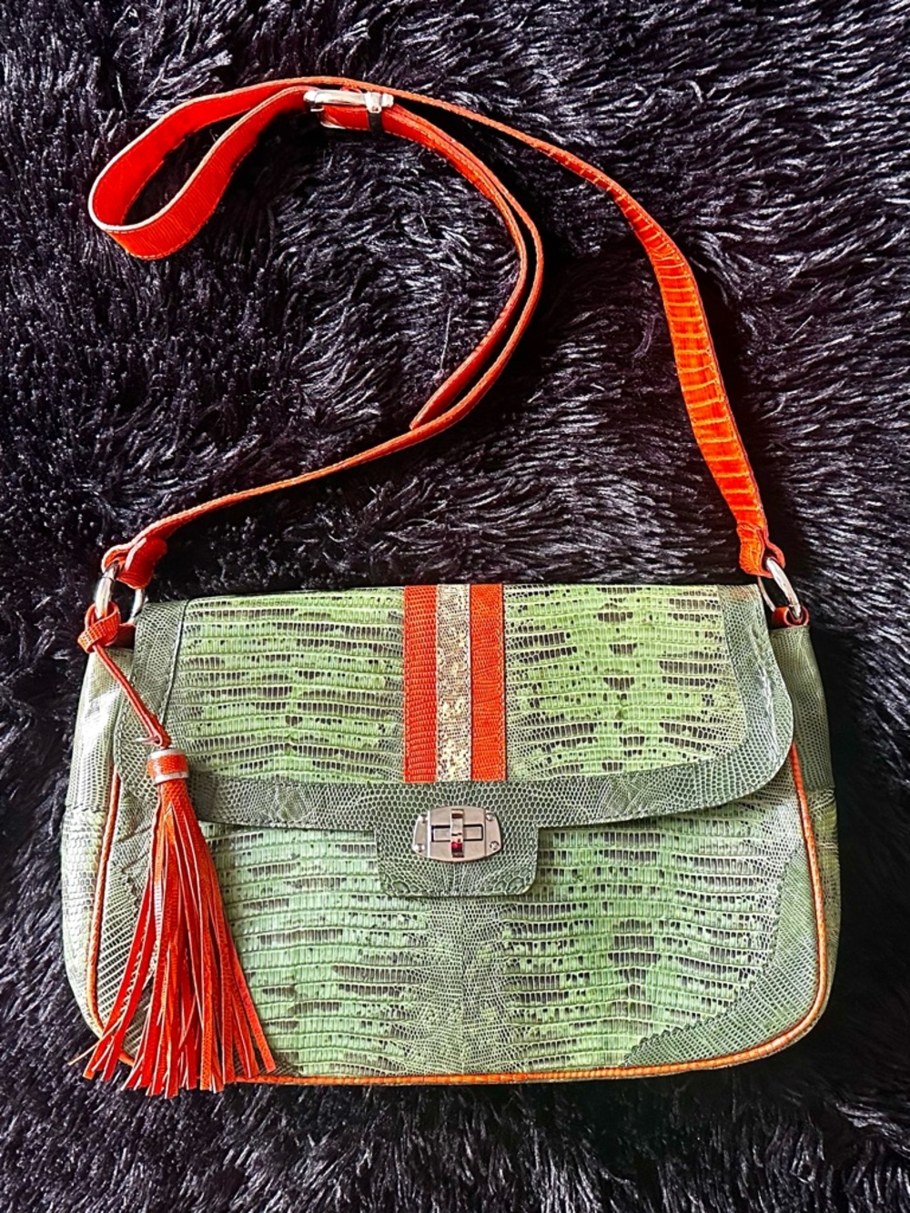 Vegan Leather Saddle Bag in Green & Orange with Tassel Accent